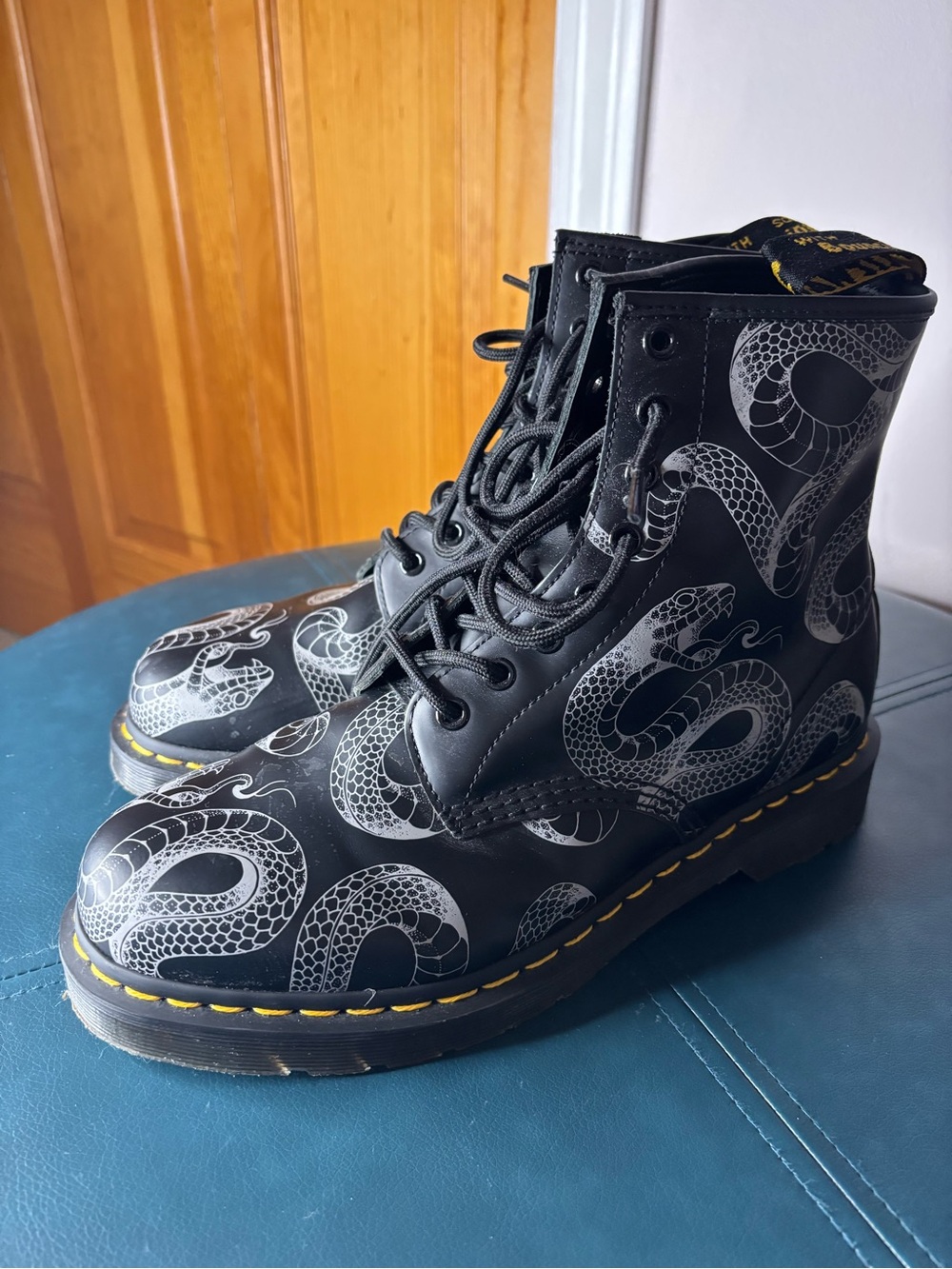 Dr. Martens Black Snake-Print Lace-Up Boots with Yellow Stitching